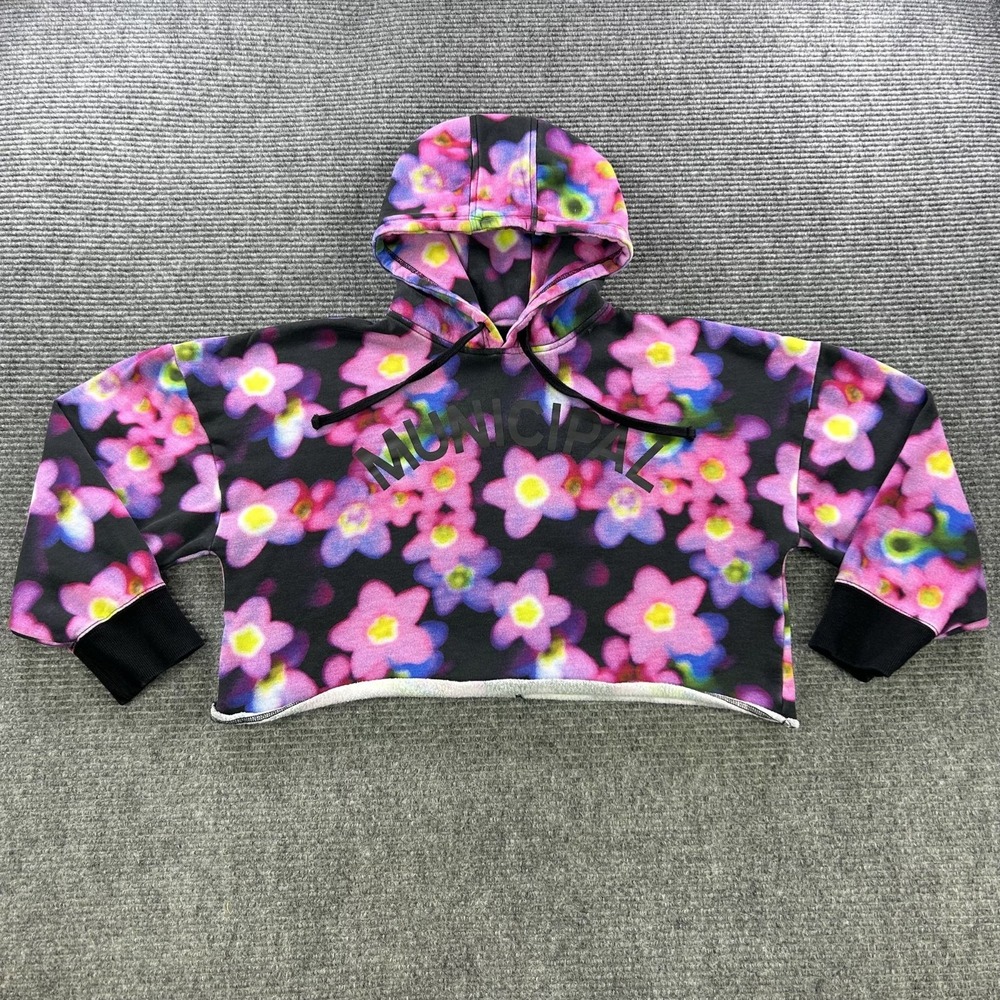 Municipal M.OG Cropped Hoodie Womens Medium Floral Print Black Pink Athleisure‎